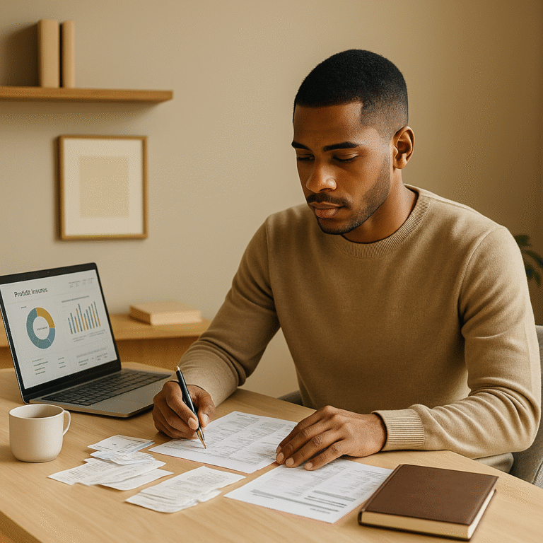“Young professional reviewing monthly budget and receipts at a bright, minimalist desk with laptop showing financial charts — symbolizing awareness and better money habits.”