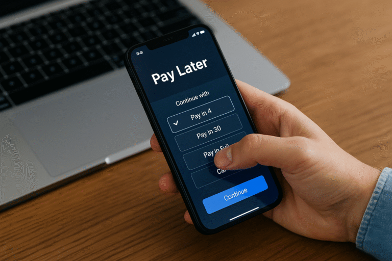 buy now pay later .A person using a smartphone to make an online BNPL payment, with “Pay Later” options visible on screen — symbolizing the risks and confusion of buy now, pay later in 2025