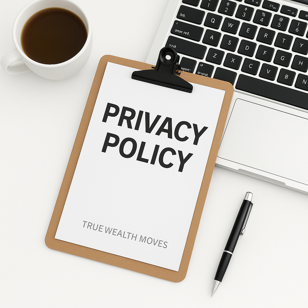 A professional flat lay photograph of a printed document labeled “Privacy Policy” clipped to a brown clipboard beside a silver laptop, black pen, and white coffee cup on a bright white desk. The document subtly includes the brand name “True Wealth Moves” at the bottom.
