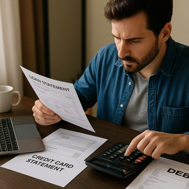 Person sitting at a desk reviewing loan papers and credit card statements, looking determined while calculating how to lower debt — symbolizing financial recovery from high-interest loans.