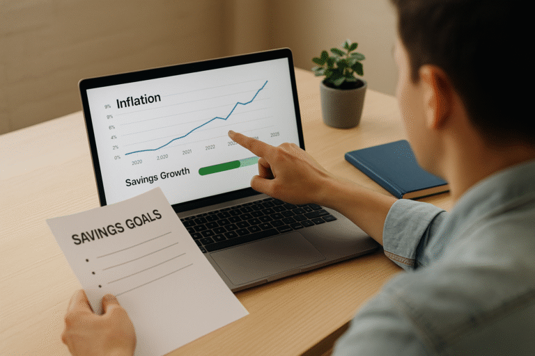 inflation in 2025 Person reviewing savings goals on a laptop showing inflation charts and growth progress bar, symbolizing how to protect and grow money in 2025.