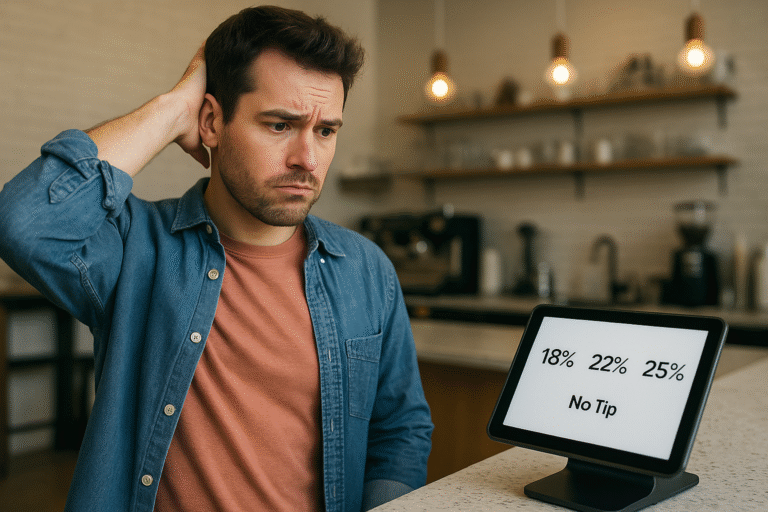 Customer debating how much to tip at a coffee shop counter, symbolizing tipping in 2025.