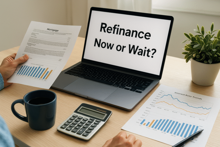 refinance your home Person reviewing mortgage documents and interest rate charts at a bright home office desk, showing “Refinance Now or Wait?” on laptop screen — representing decision-making about 2025 mortgage rates.