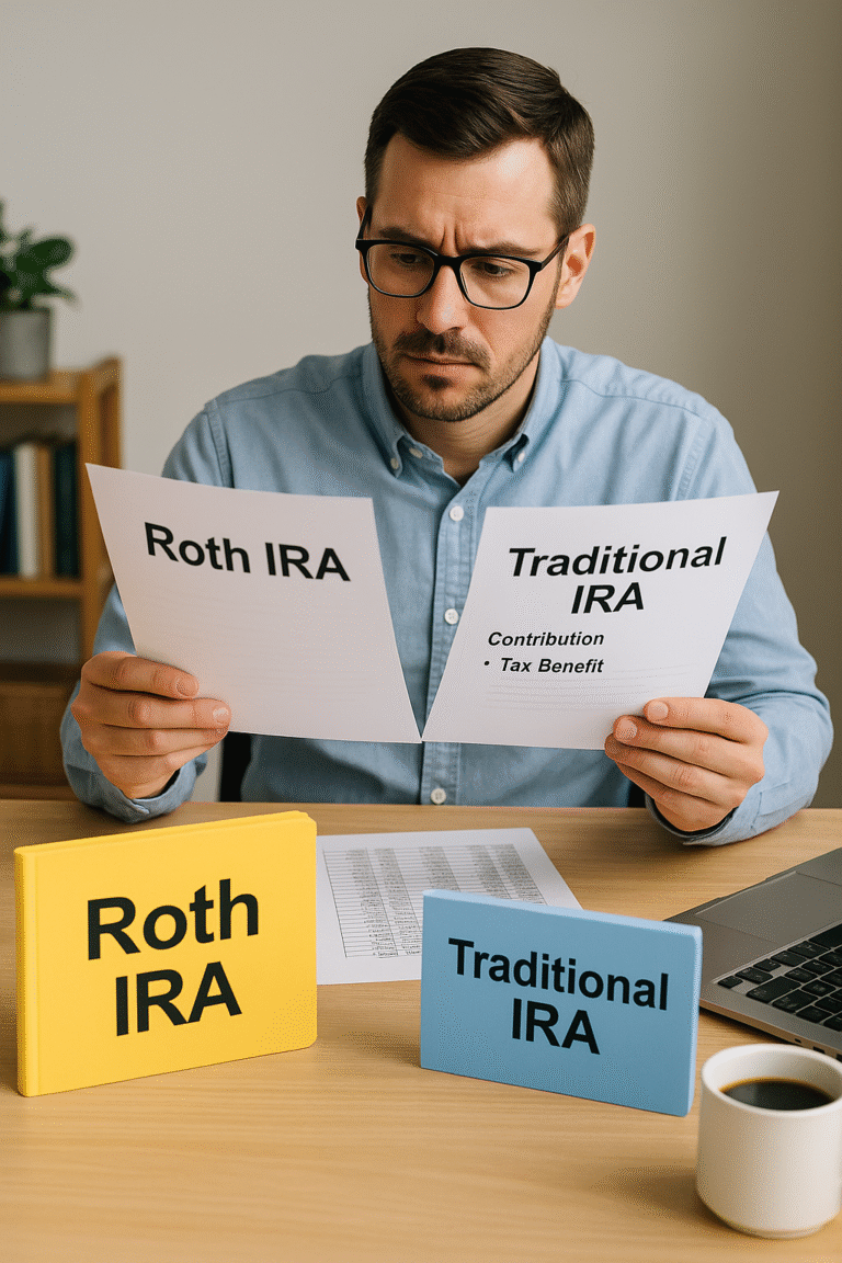 roth vs traditional IRA Man sitting at a desk with two labeled folders “Roth IRA” and “Traditional IRA,” comparing contributions and tax benefits. Bright, realistic photo representing retirement planning in 2025.