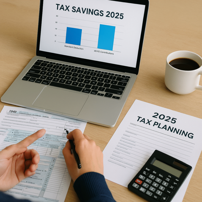 tax hacks 2025 Person reviewing tax forms and 401(k) contribution charts on a laptop, surrounded by coffee and a calculator — symbolizing 2025 tax planning for 9-5 workers.