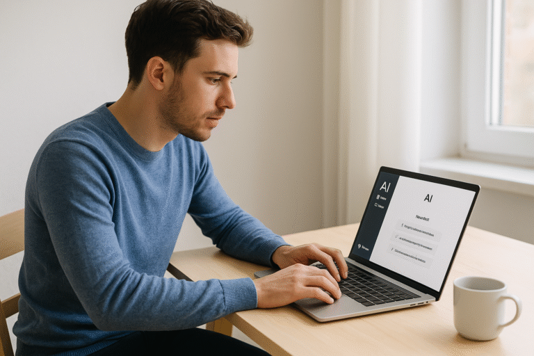 “Young professional using AI tools on laptop for side hustle income in 2026 — True Wealth Moves brand aesthetic.” AI AND JOBS IN 2026