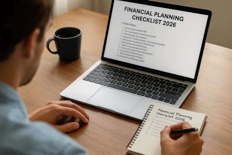 Person reviewing financial planning checklist 2026 on laptop and notepad