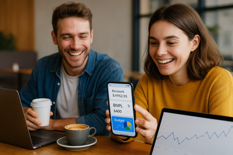banking in 2026 “Young adults managing digital finances on phone and laptop — modern banking and BNPL trends 2025–2026.”