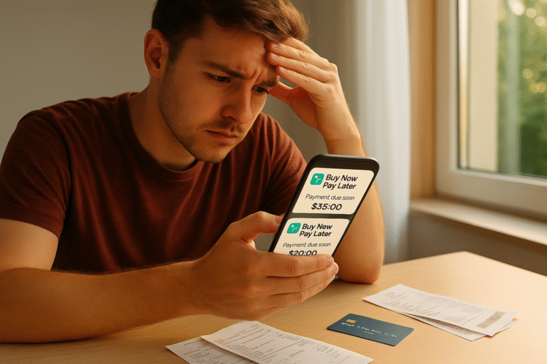 Person checking Buy Now Pay Later payments on phone, worried about finances