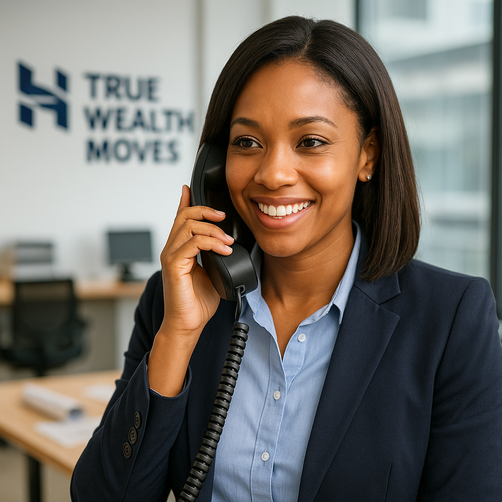 True Wealth Moves customer support secretary assisting a client over the phone in a bright modern office.