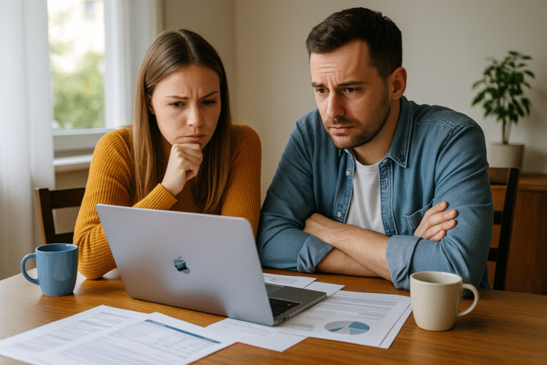 buying a home “Young couple reviewing housing prices and mortgage options in 2026 — struggling to afford a home but planning next steps.”