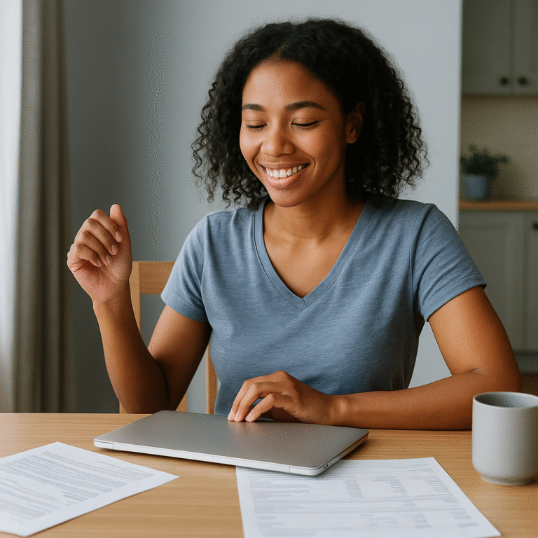credit card interest rates Woman reviewing credit card statements in 2025 after successfully improving her credit score.”