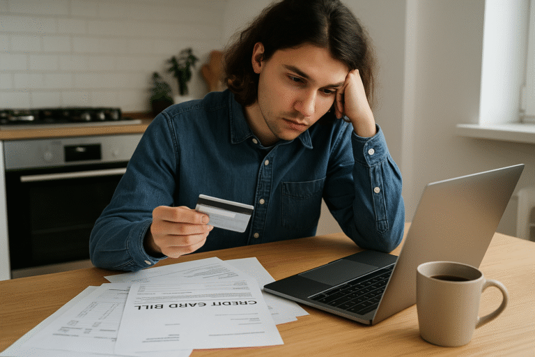 living on credit Person reviewing credit card bills with laptop at kitchen table — breaking the cycle of credit dependence in 2026.”