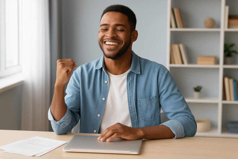 High-interest personal loan. A realistic, bright photo of a young adult sitting at a desk, surrounded by papers and a laptop showing a loan calculator. They’re smiling slightly — relieved after negotiating better loan terms. Natural light, calm blue-gray color palette, True Wealth Moves style.