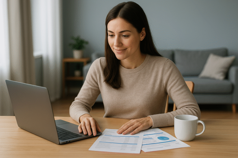when to start investing “Woman reviewing emergency savings and investment options on her laptop in 2025.”