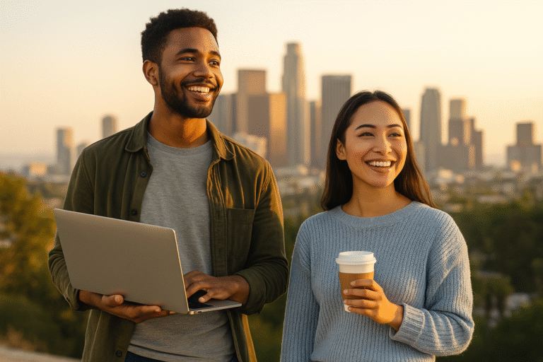 American Dream in 2026 Modern adults working remotely outdoors, symbolizing the new American Dream of financial freedom and flexibility.”