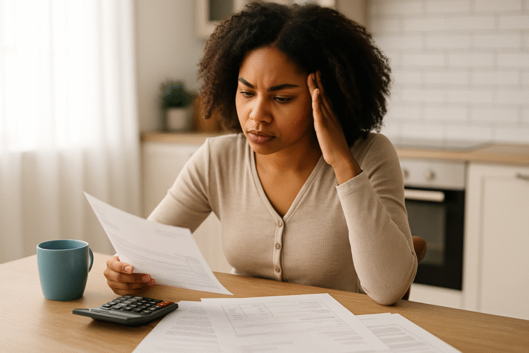 Realistic photo of a young adult reviewing bills and budgeting for 2026 emergency savings.