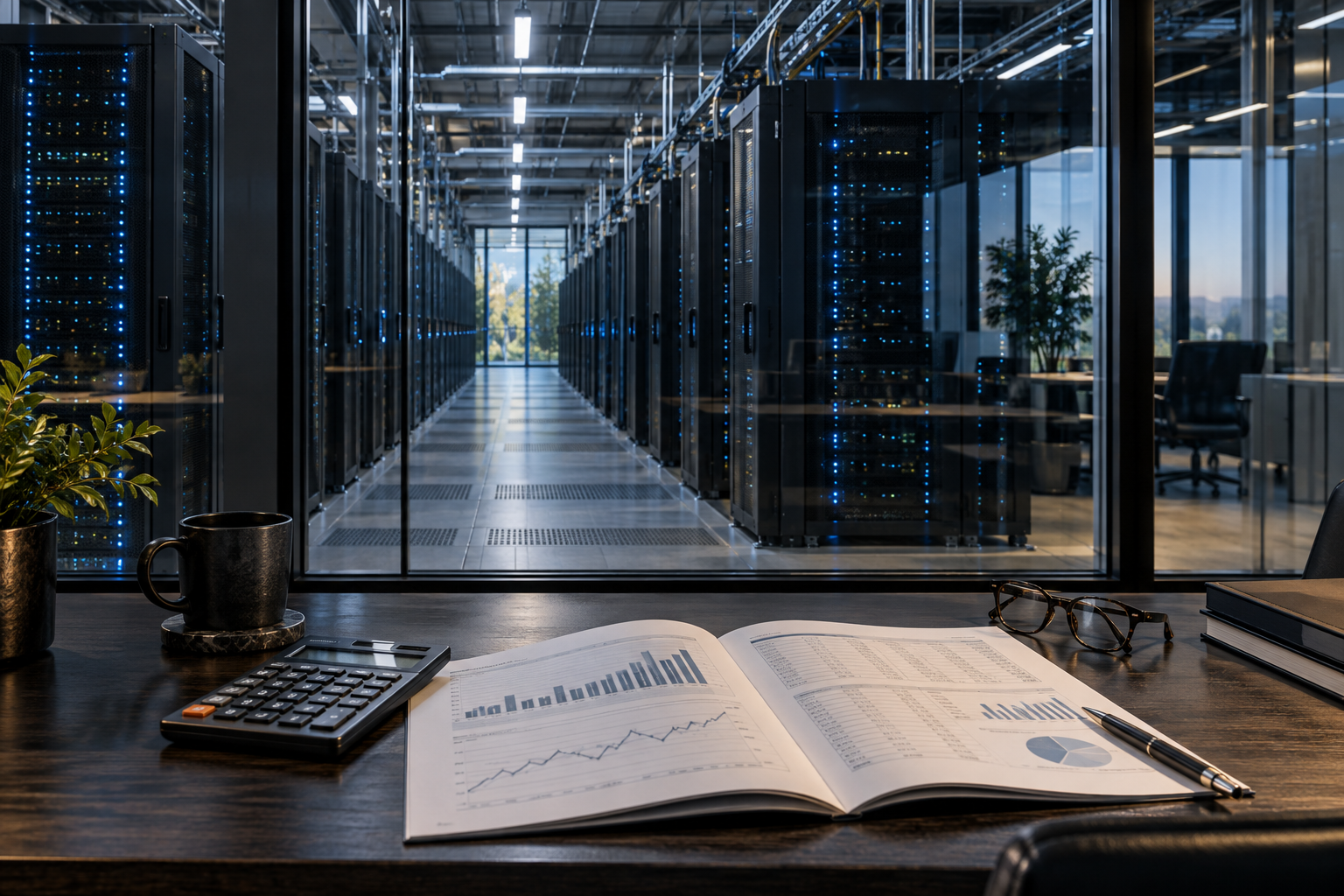 AI stock bubble 2026 investment analysis with financial reports overlooking a data center.