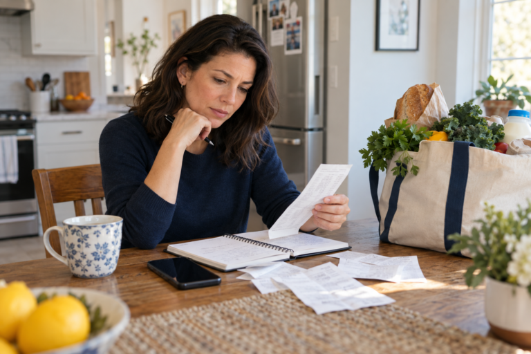 Consumer sentiment 2026 household budget review with grocery receipts at a kitchen table