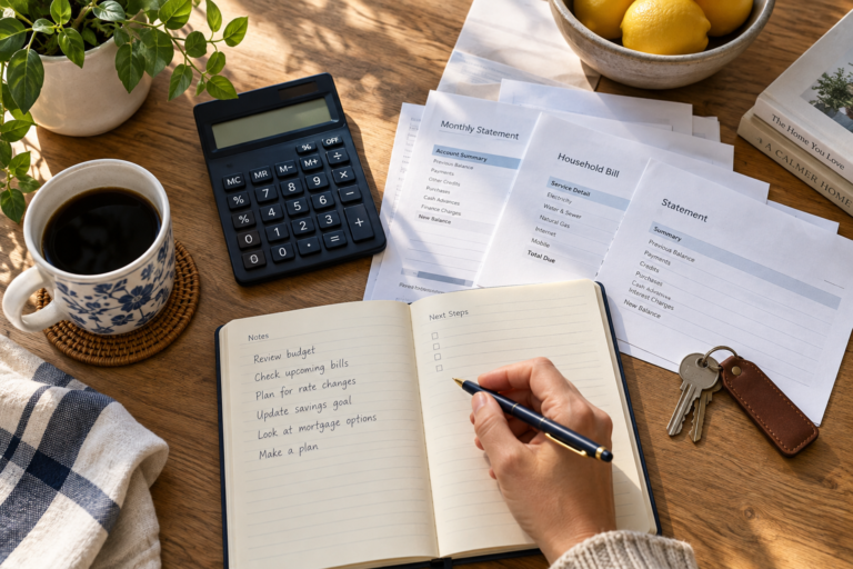 Fed rate hike 2026 household budget review with calculator, statements and house keys.