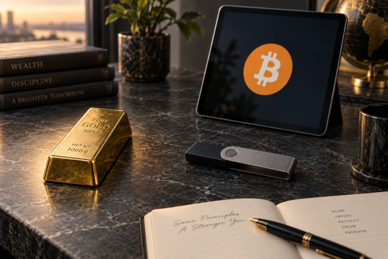 Gold vs Bitcoin 2026 comparison showing gold bullion beside a hardware wallet and Bitcoin symbol