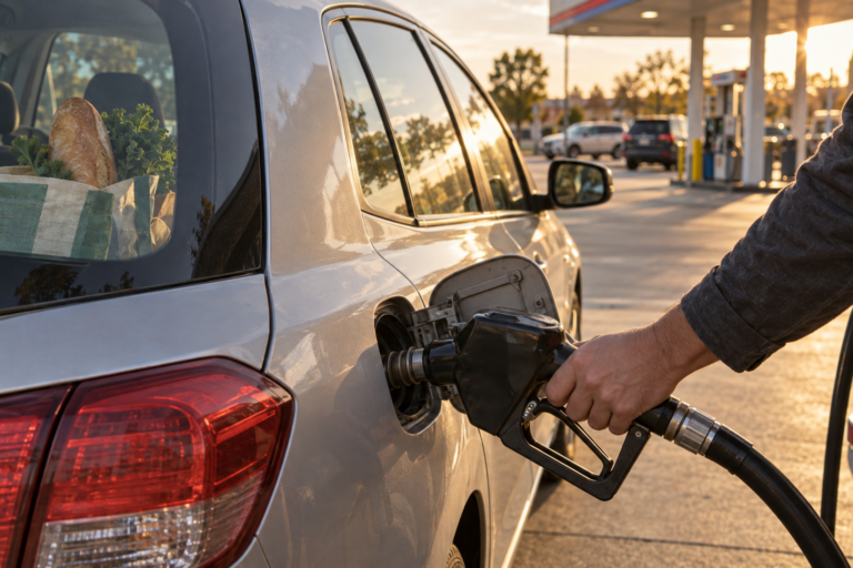 Oil price shock 2026 household costs illustrated by refueling a car with groceries inside.