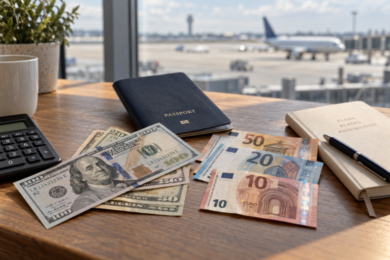 Strong dollar 2026 travel planning with US dollars, euros, a passport and calculator.