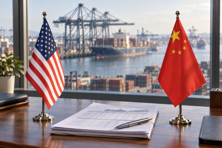 Trump Xi summit 2026 trade outlook illustrated by US and Chinese flags overlooking a container port.