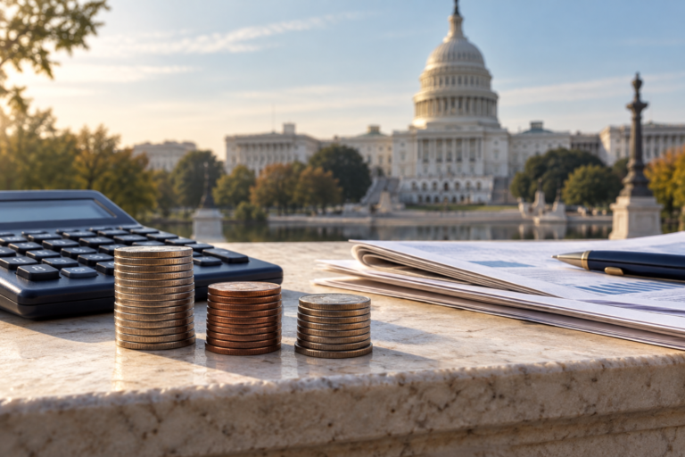 US national debt 2026 illustrated by coins and a calculator with the Capitol in the background